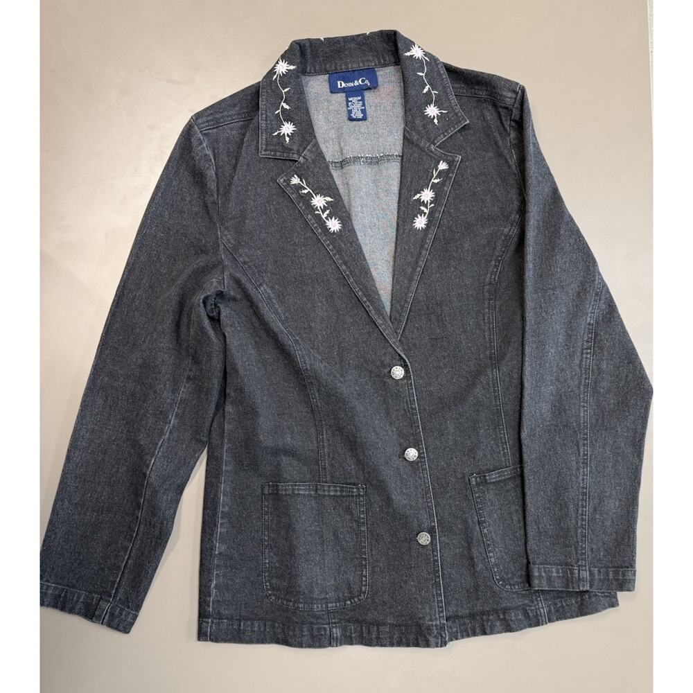 Vintage Denim & Co Embroidered Jacket Women Size Medium Black Floral Cottagecore